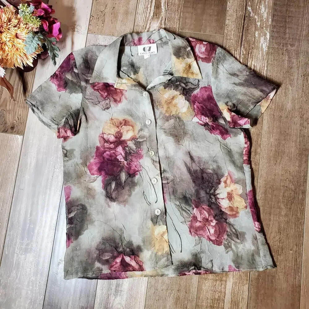 67 Karol Place Vintage Floral Sheer Short Sleeve Button Down Blouse Size Medium - Picture 1 of 12
